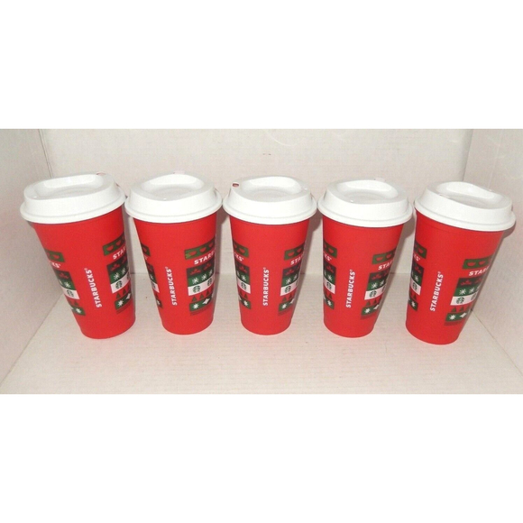 5 Starbucks Christmas Holiday Merry Coffee Reusable Hot Cups Lids 2013 Red 16 oz - Picture 2 of 4